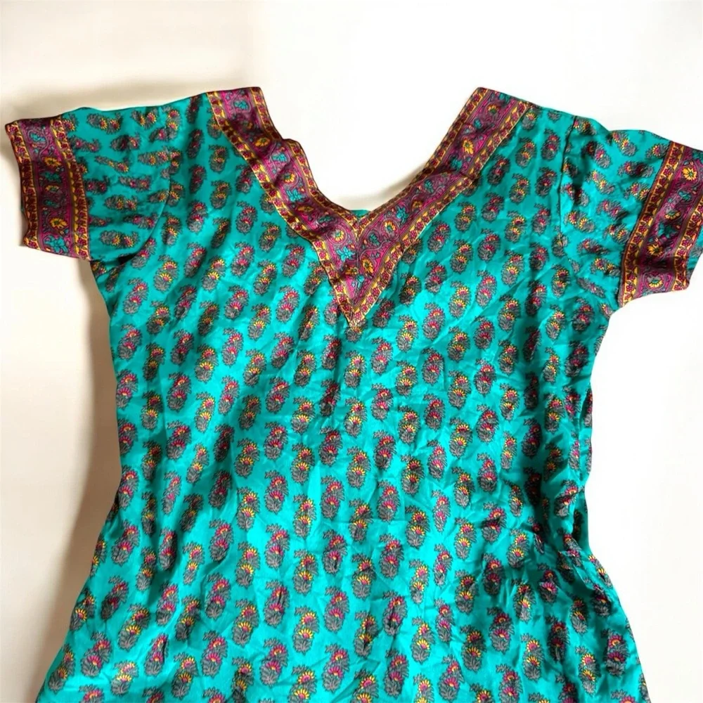 Silk Kurti Indian Design Vibrant Teal Dress Tunic with Purple Accents 31” Waist - Picture 3 of 9